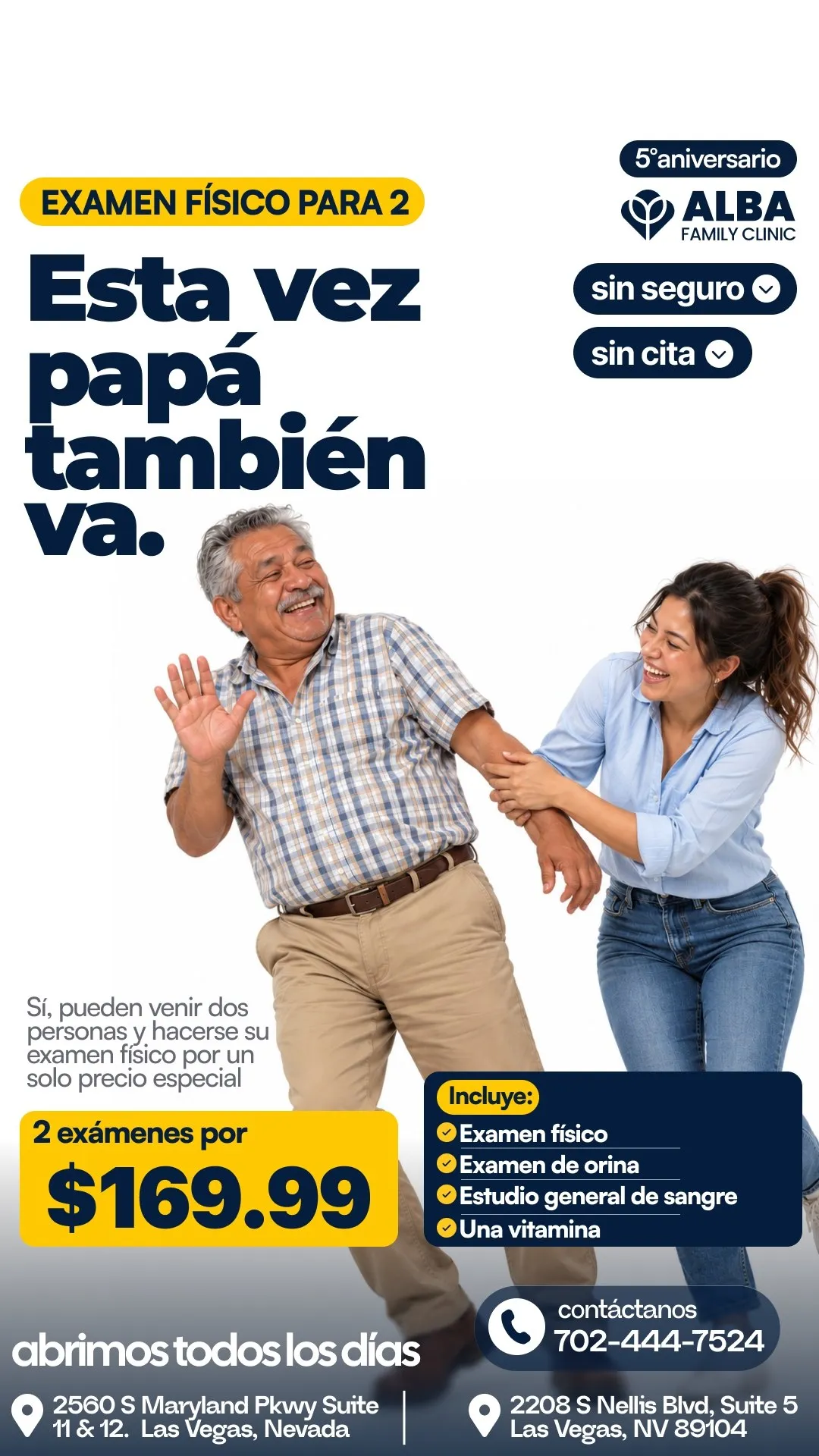 Examen físico para 2 personas: $169.99. Incluye consulta médica, estudio general de sangre, examen de orina y vitamina inyectada. Sin cita o cita el mismo día. Ideal para parejas y familiares. Confirma las condiciones.