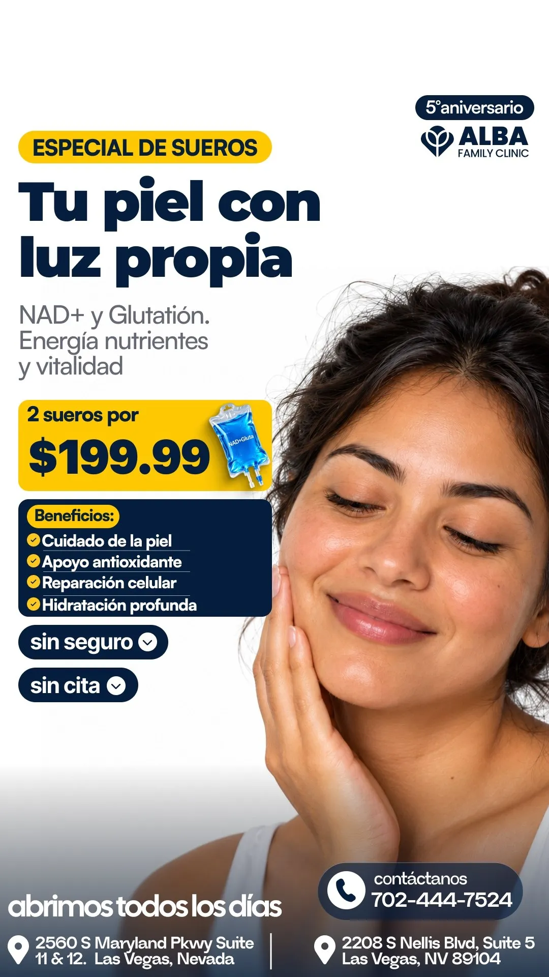 Oferta especial: 2 sueros. Dos sueros por $199.99. Consulta la disponibilidad y si la infusión es adecuada para ti.